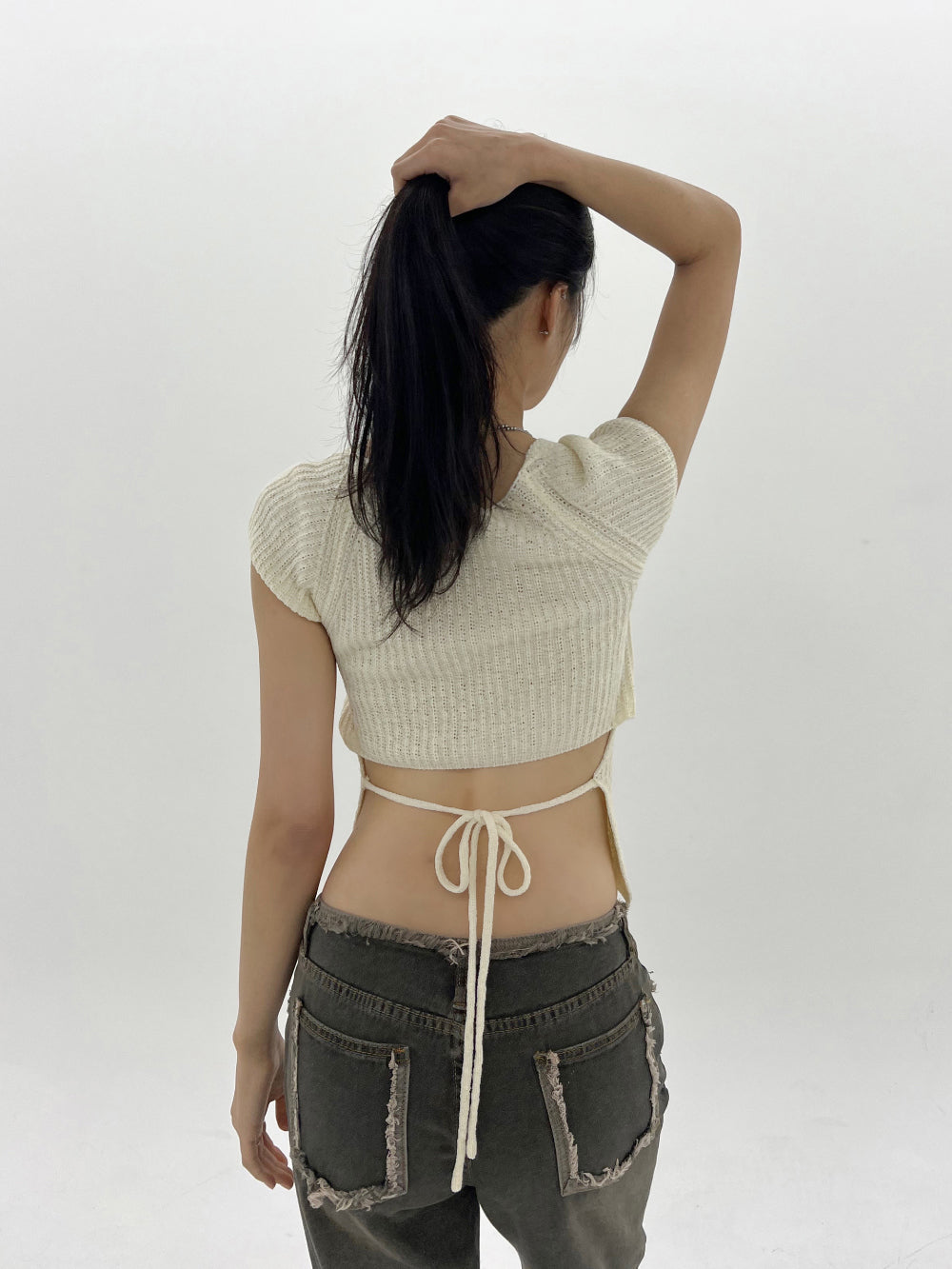 Square-neck back open strap knit (2 Color)