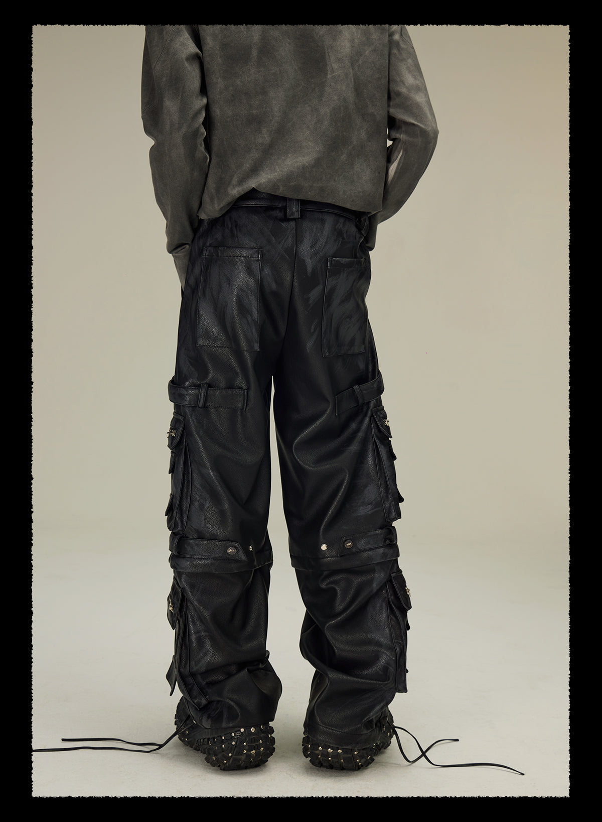  detachable multi-pocket cargo grained mud-dyed leather pants