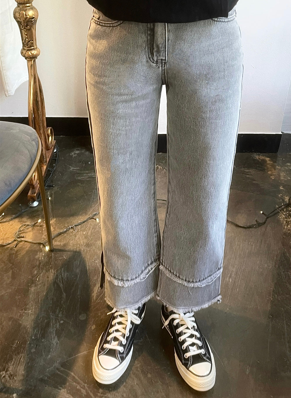 SEMI WIDE FIT SINGLE DIRECTION SLIT GREY DENIM PANTS [17713]