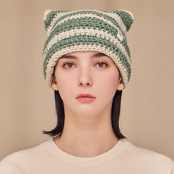 Square Label Stripe Crochet Beanie / Green