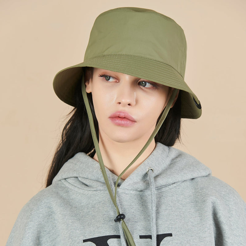 khaki bucket hat with string