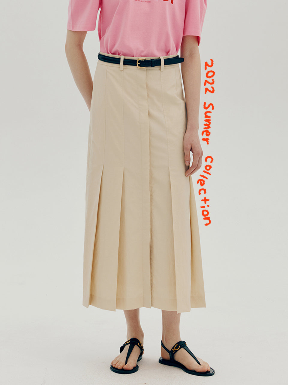 Pleated long slit skirt - Cream