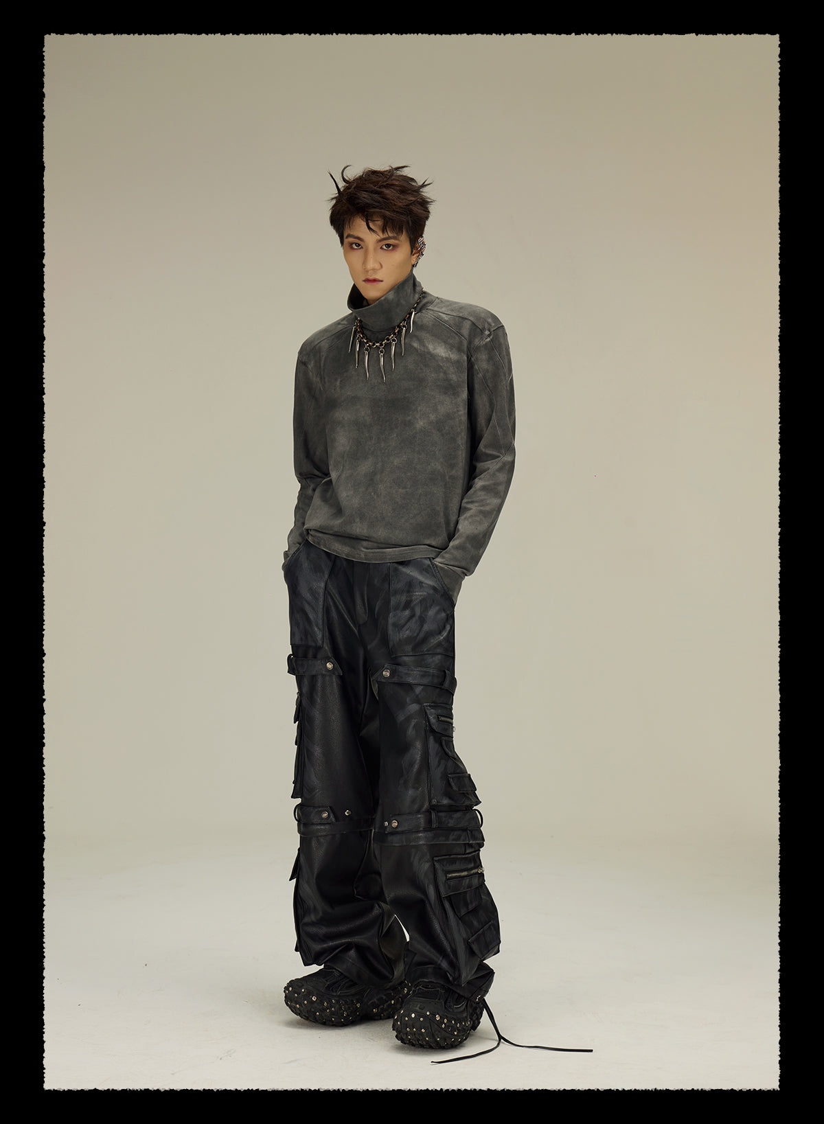  detachable multi-pocket cargo grained mud-dyed leather pants