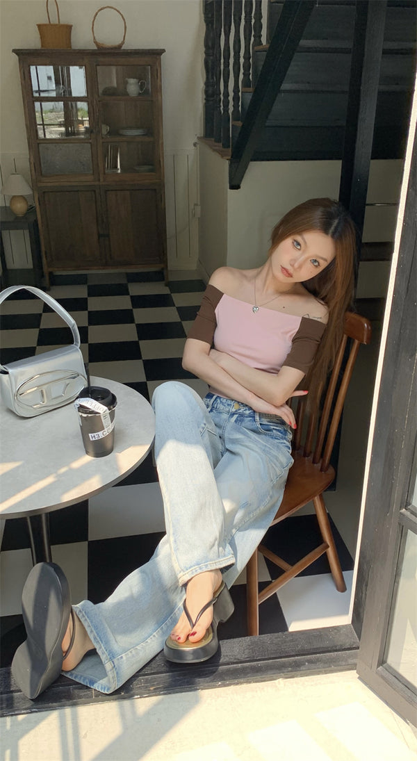 カラーマッチングスリムオフショルダーTシャツ / Color Matching Slim Off-Shoulder Tee