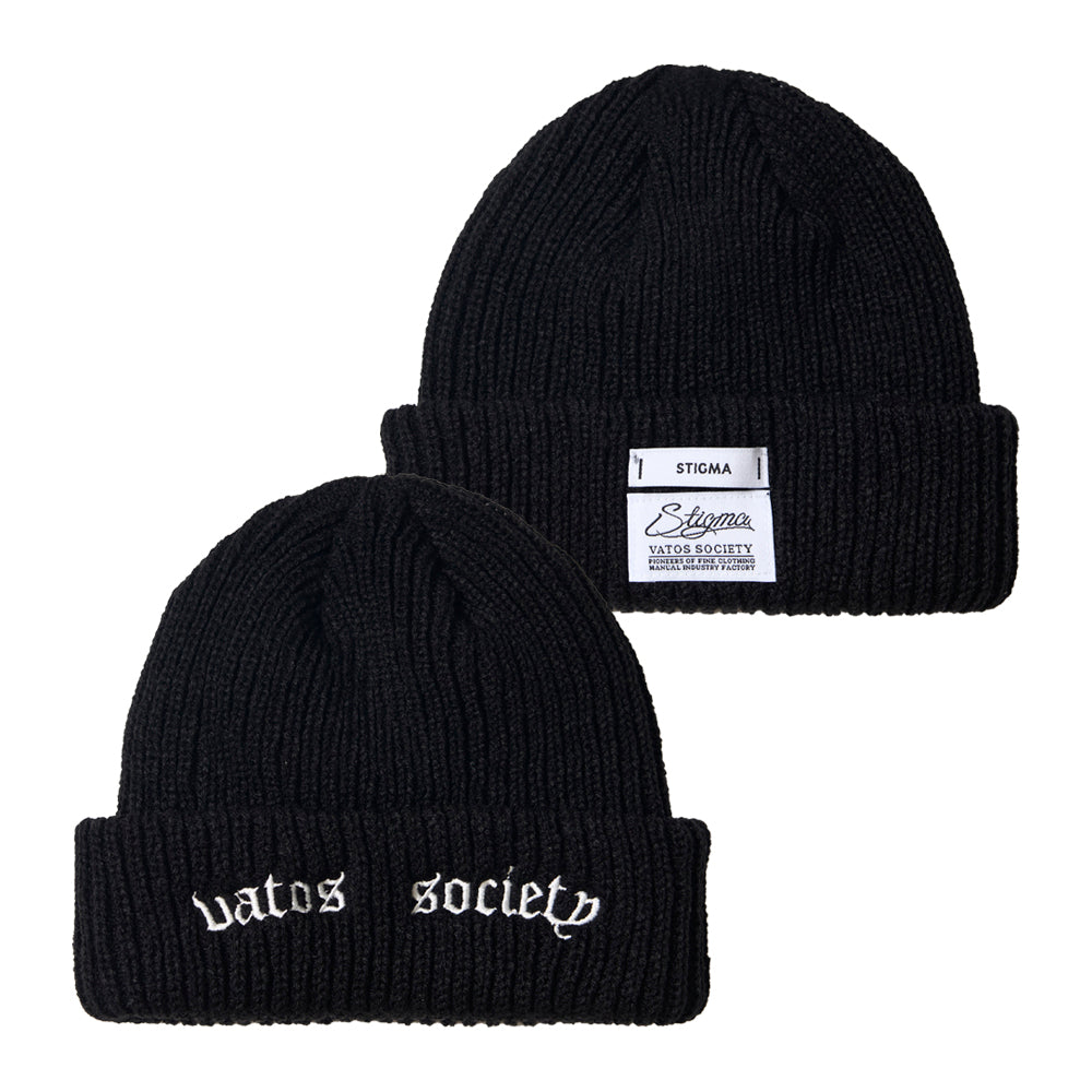 VATOS SOCIETY EMBROIDERED BEANIE WHITE / BLACK