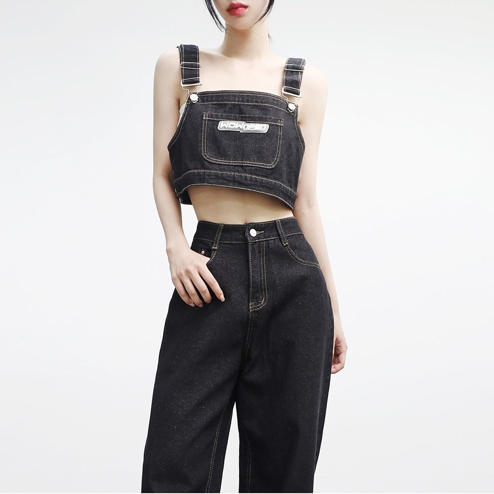 Pocheron Cropped Suspenders Denim Two Piece