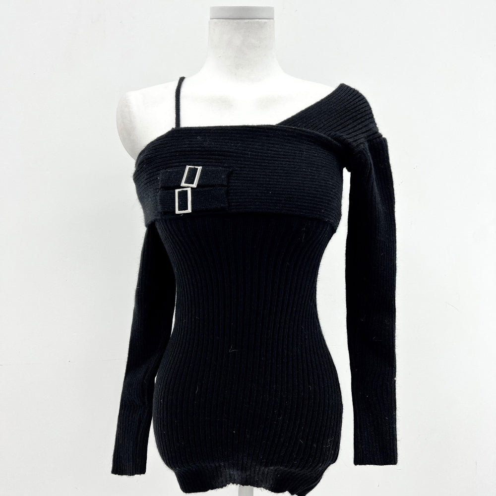 Unbalance off-shoulder knit black one-piece