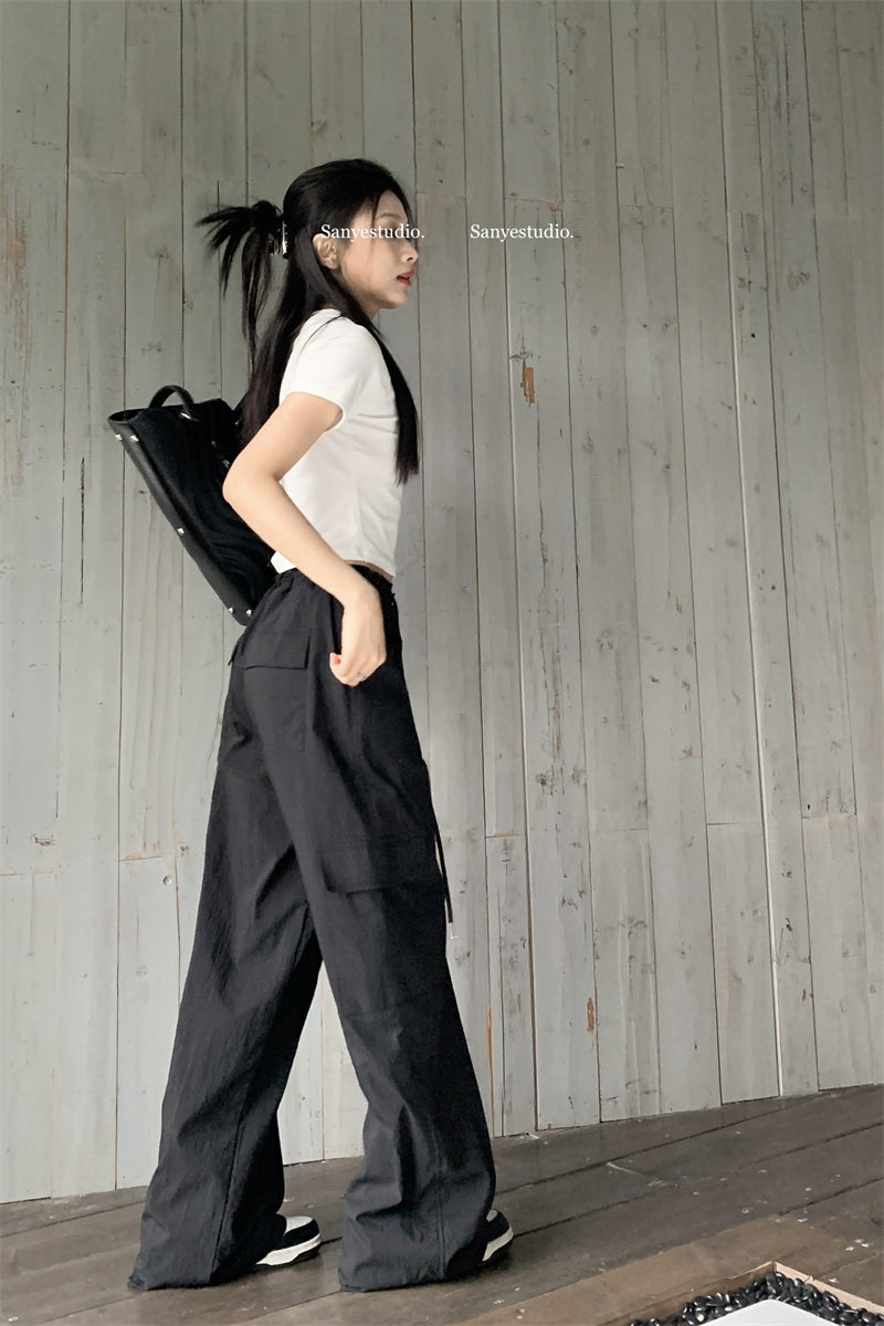 Black nylon long strap cargo pants