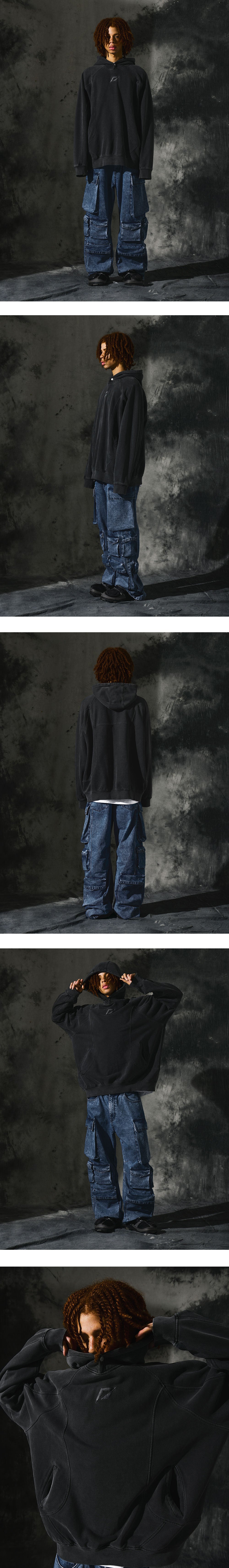 [Heavy Cotton] Pigment Washing Puzzle Embroidered Hoodie_Charcoal