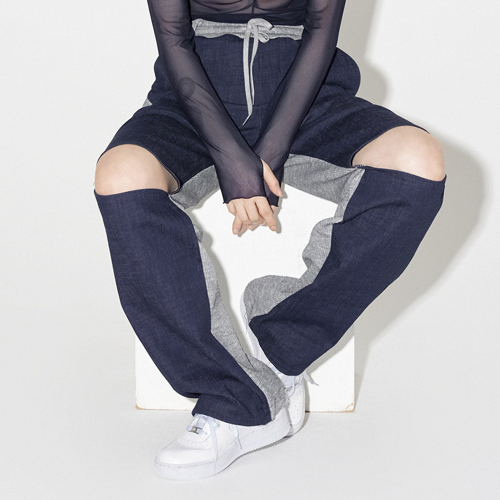 デニムニットブロッキングパンツ / Denim Knit Blocking Pants [BLUE]