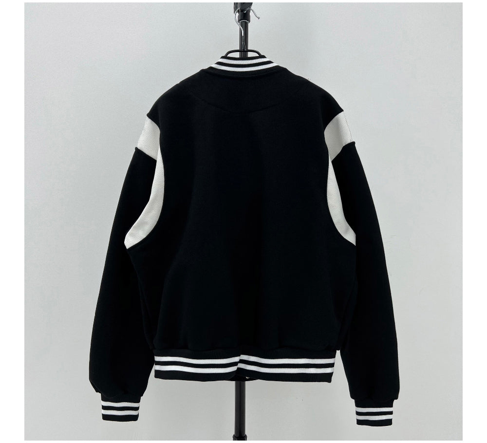 [UNISEX] Varsity stadium leather point jacket (Black)