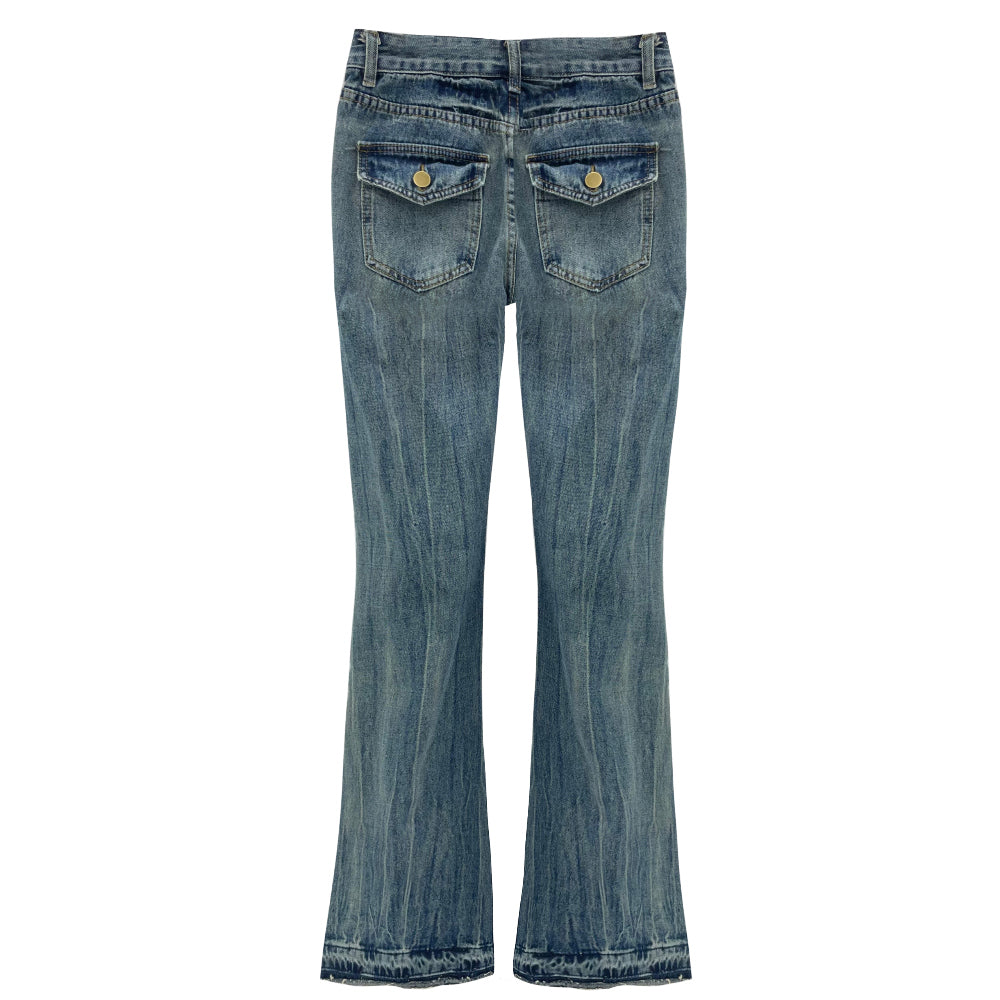 Y2K low-rise wrinkle pocket boots-cut pants (Denim)