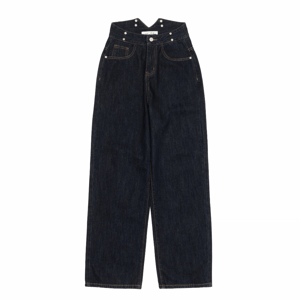 RED VELVER WENDY WORN HIGH WAIST DEEP BLUE WIDE FIT SUSPENDER DENIM PANTS [16636]