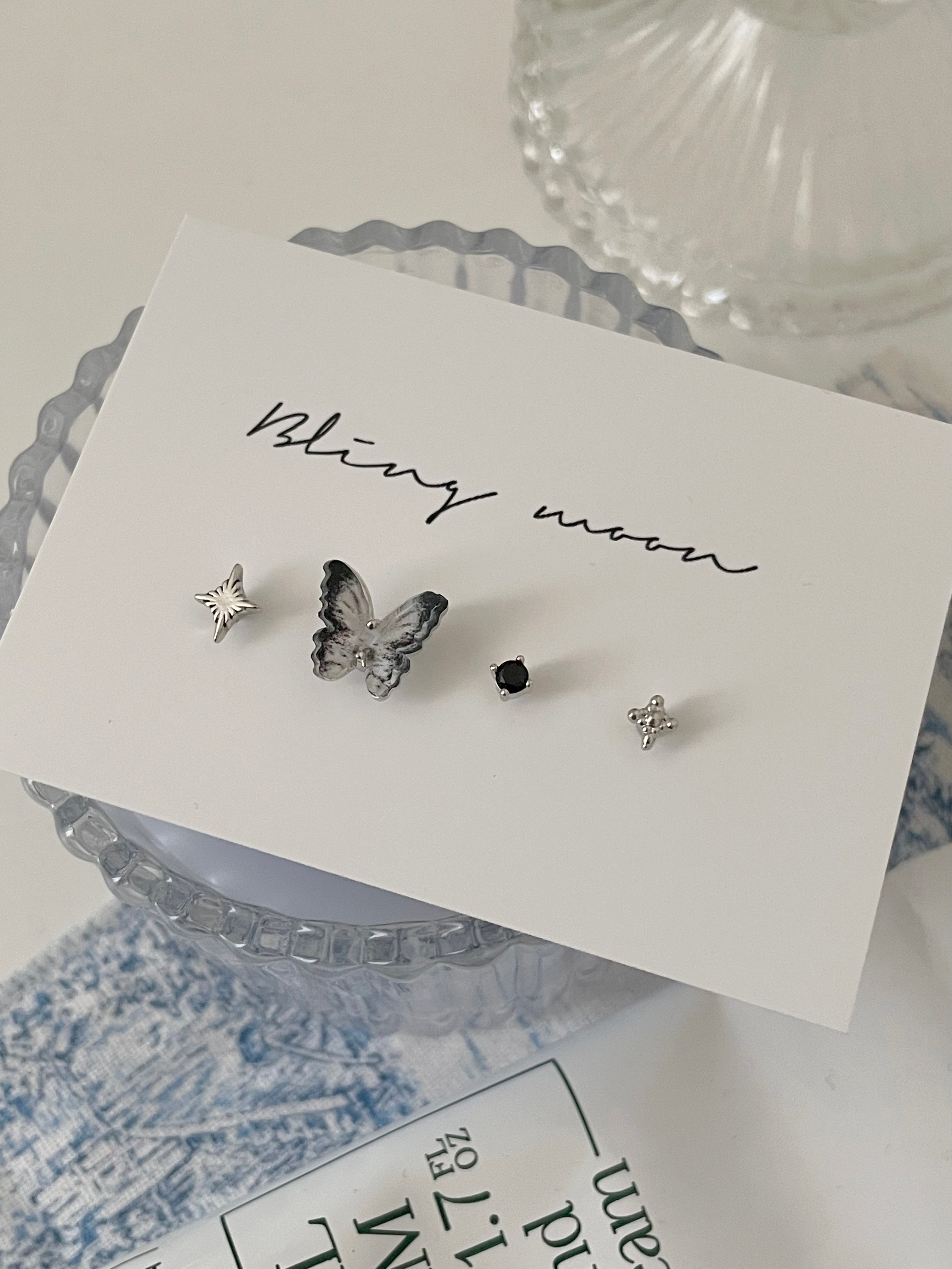 [4 set] Black Marble Twinkle Piercing Set