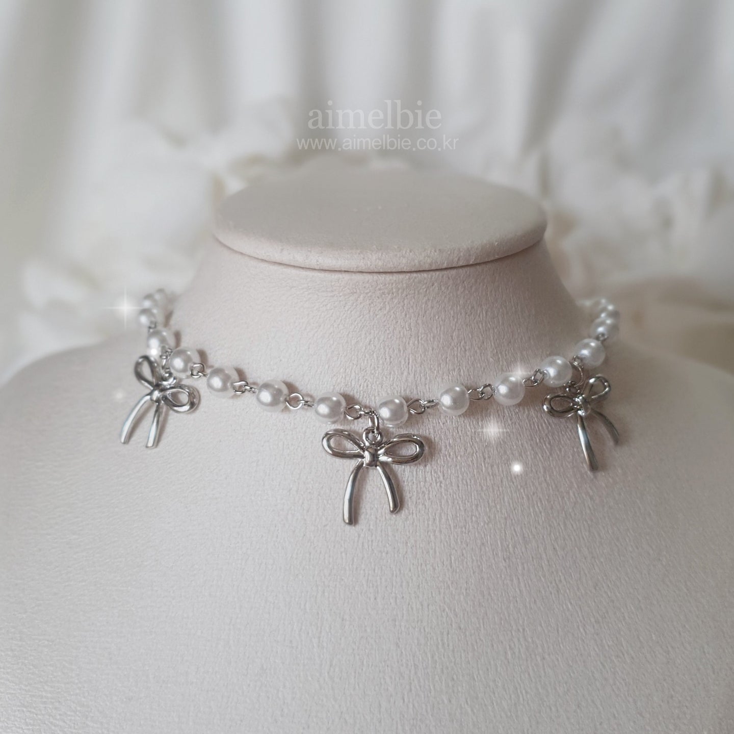 Three Ribbons Pearl Choker Necklace - Silver Color