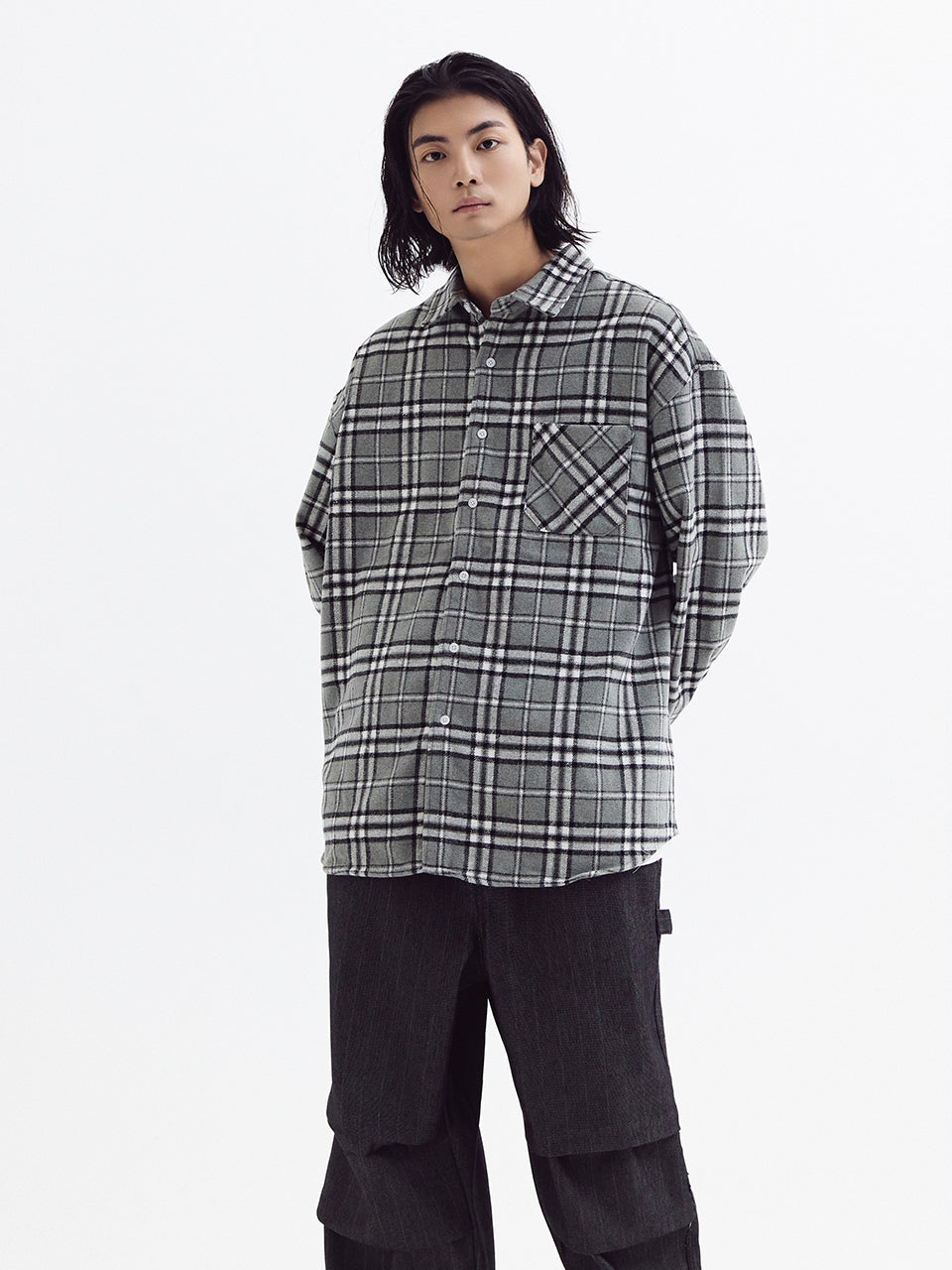 Loose wool check shirts Gray