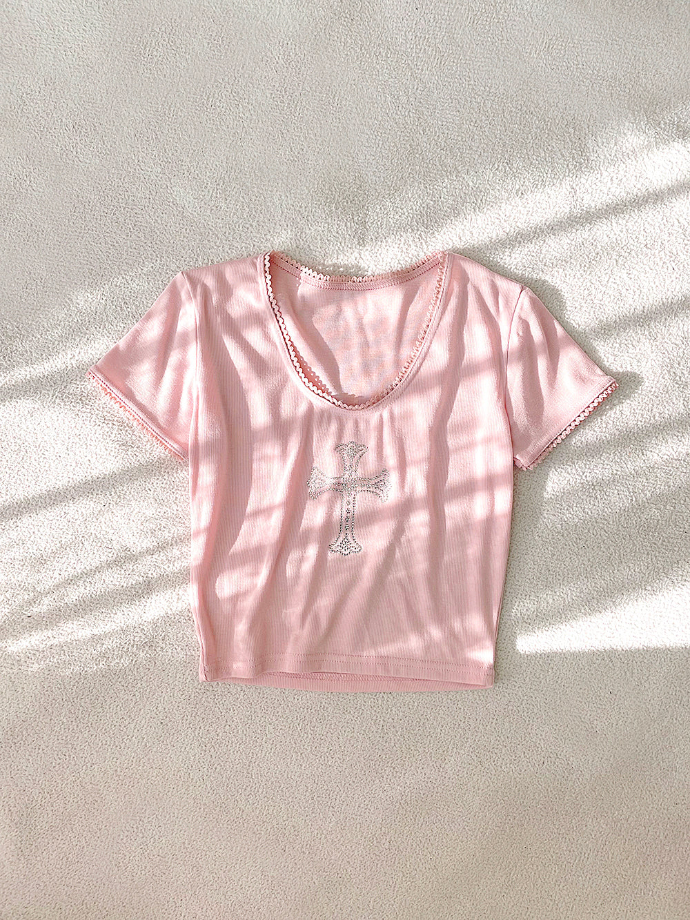 Sparkling Cubic Lace Crop T-Shirt (Pink)