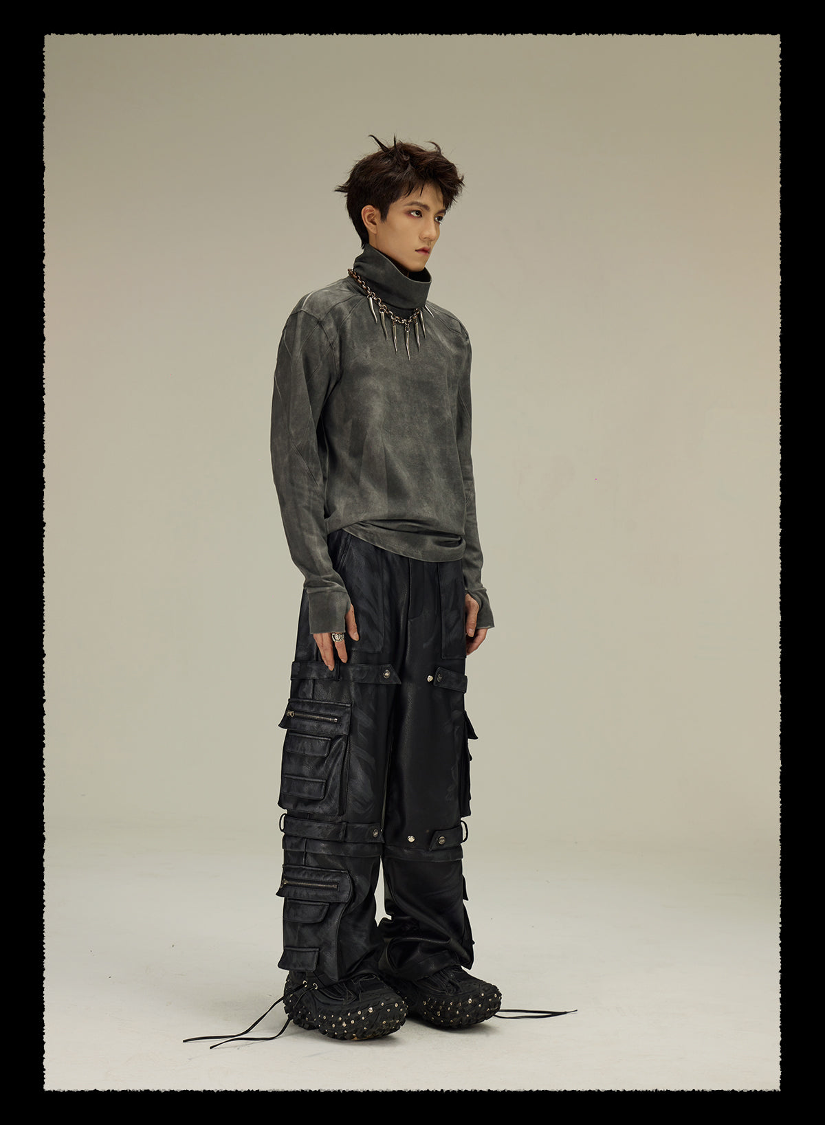  detachable multi-pocket cargo grained mud-dyed leather pants