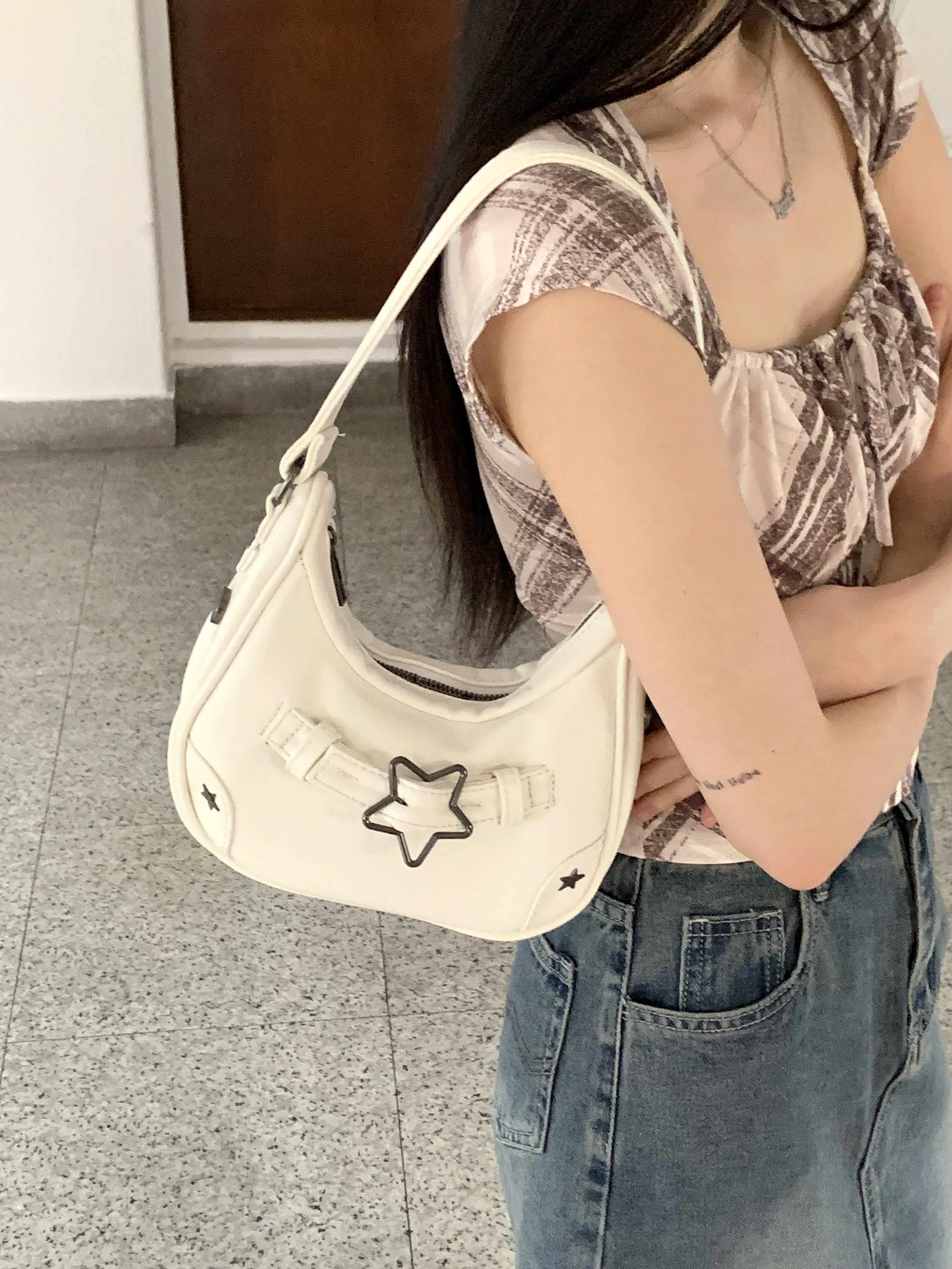 Staney Vintage Star Buckle Denim Hobo Shoulder Bag