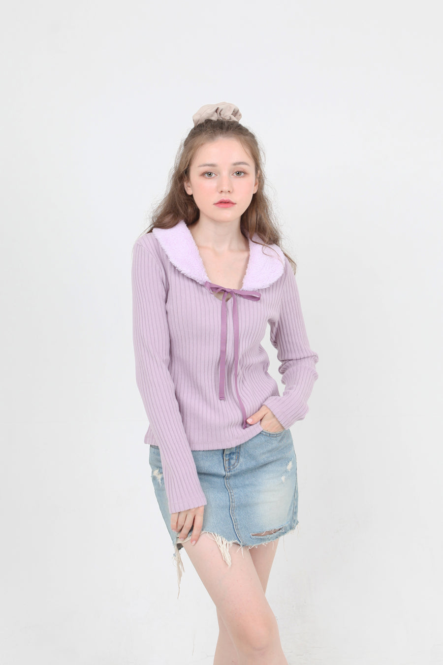 fur collar knit t-shirt purple