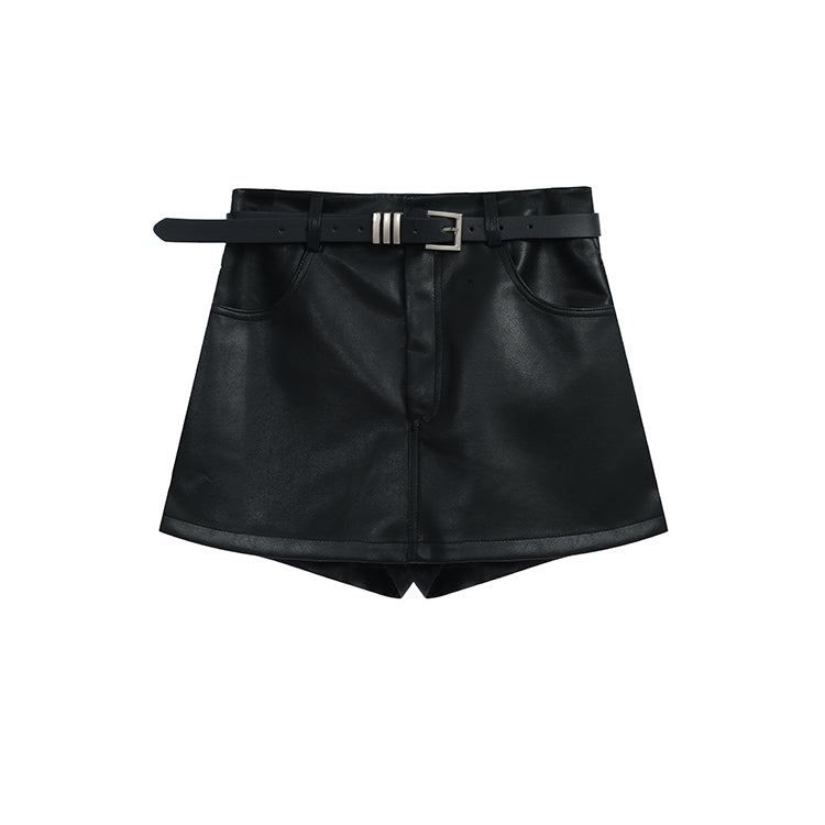 Belted leather short pants skirt