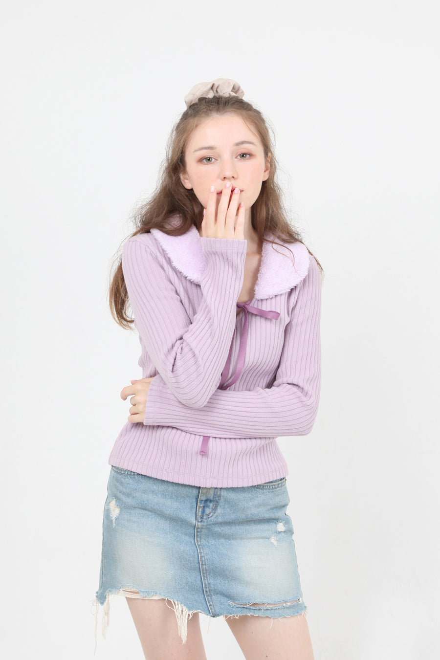 fur collar knit t-shirt purple