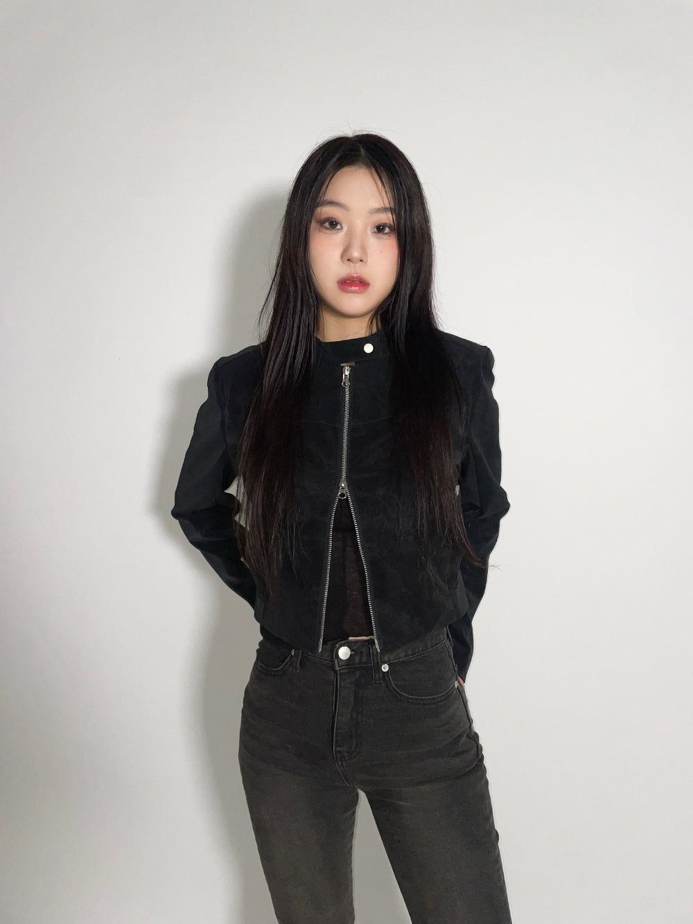 Suede biker crop jacket (Black)