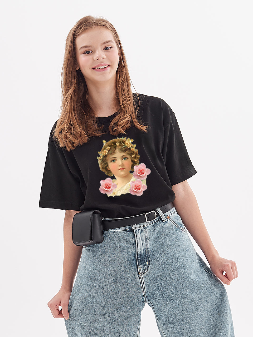 girl of angel print wide short sleeve t-shirt