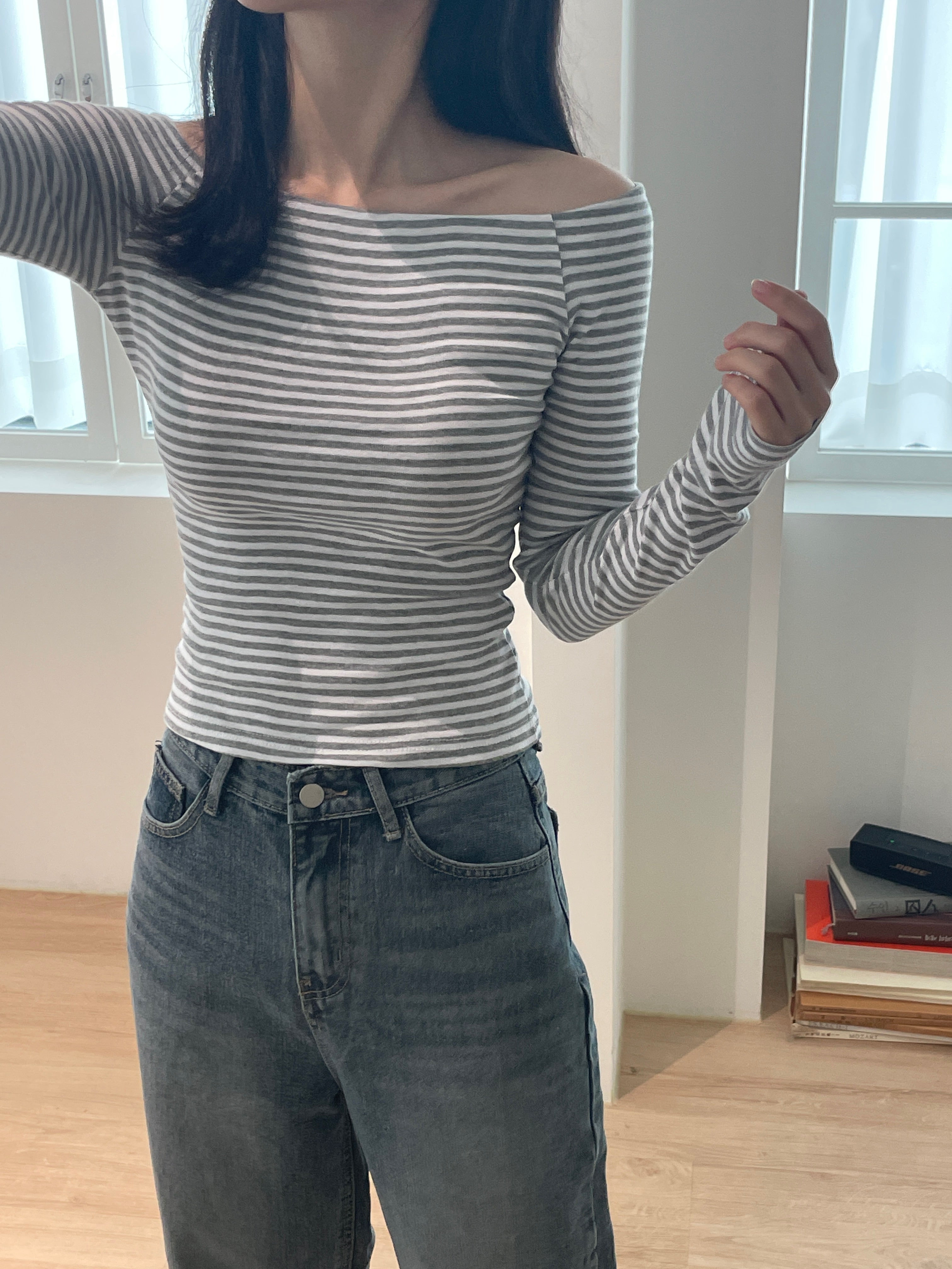 Striped Off-Shoulder Long-Sleeved T-Shirt