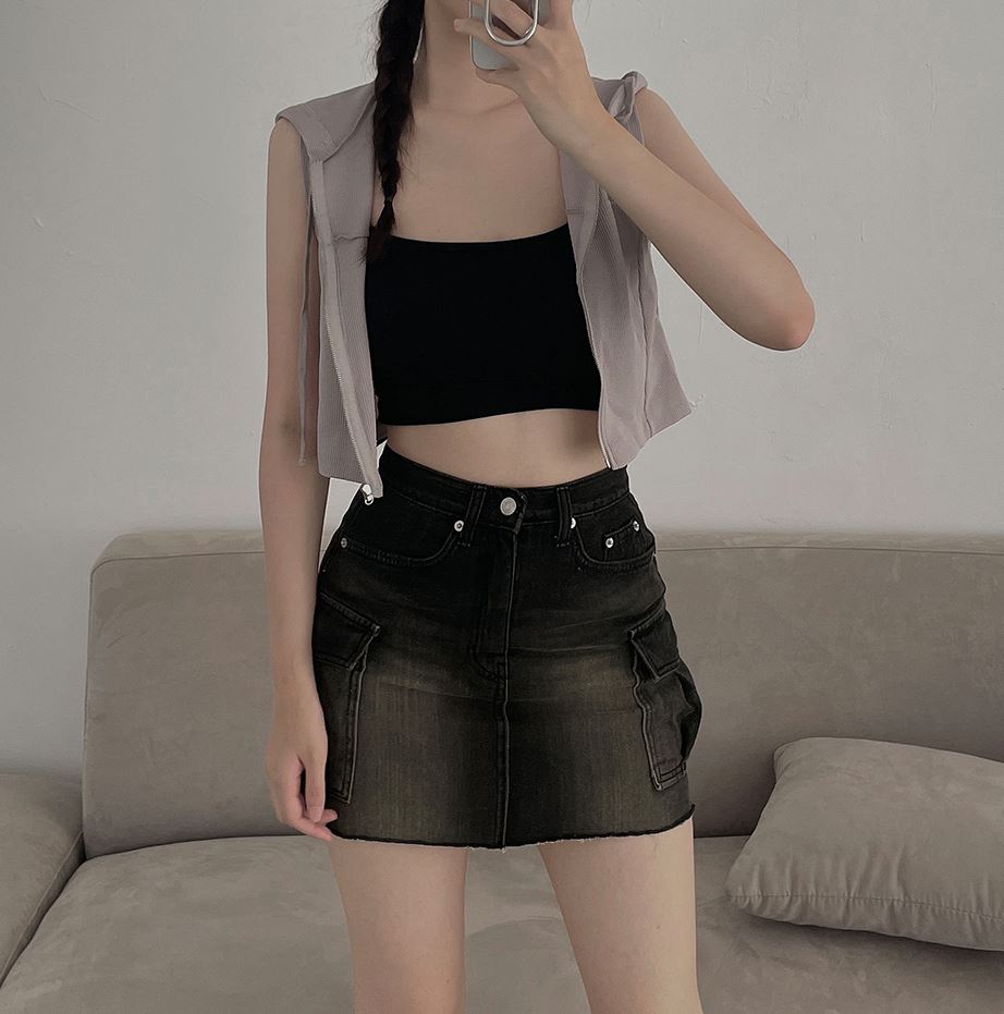 Black and blue cargo denim mini skirt