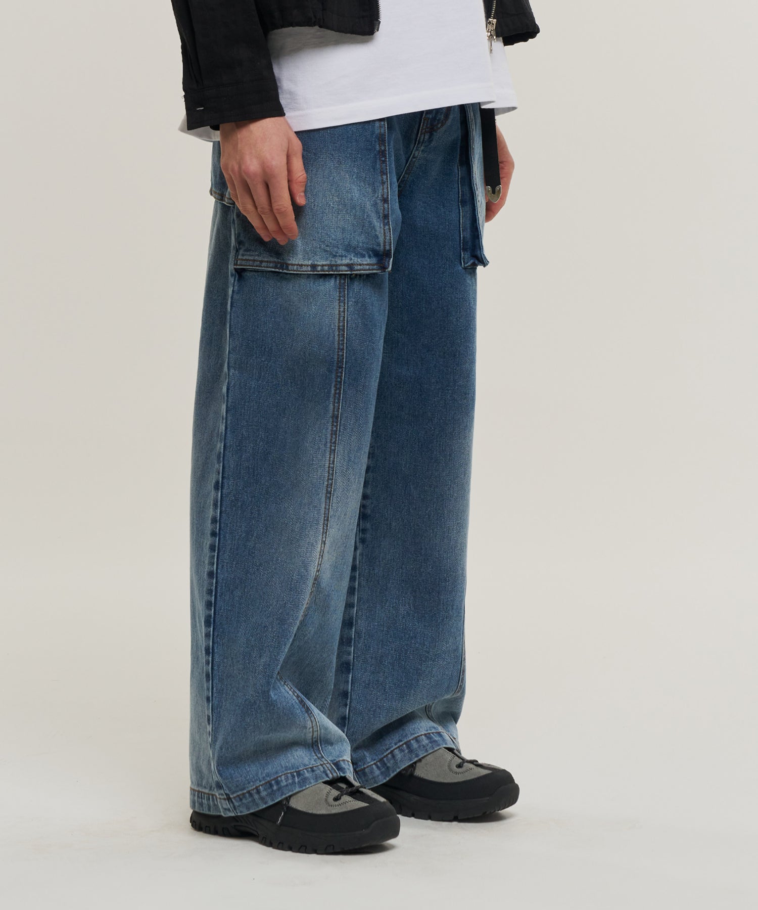 Big pocket washed denim pants - Blue