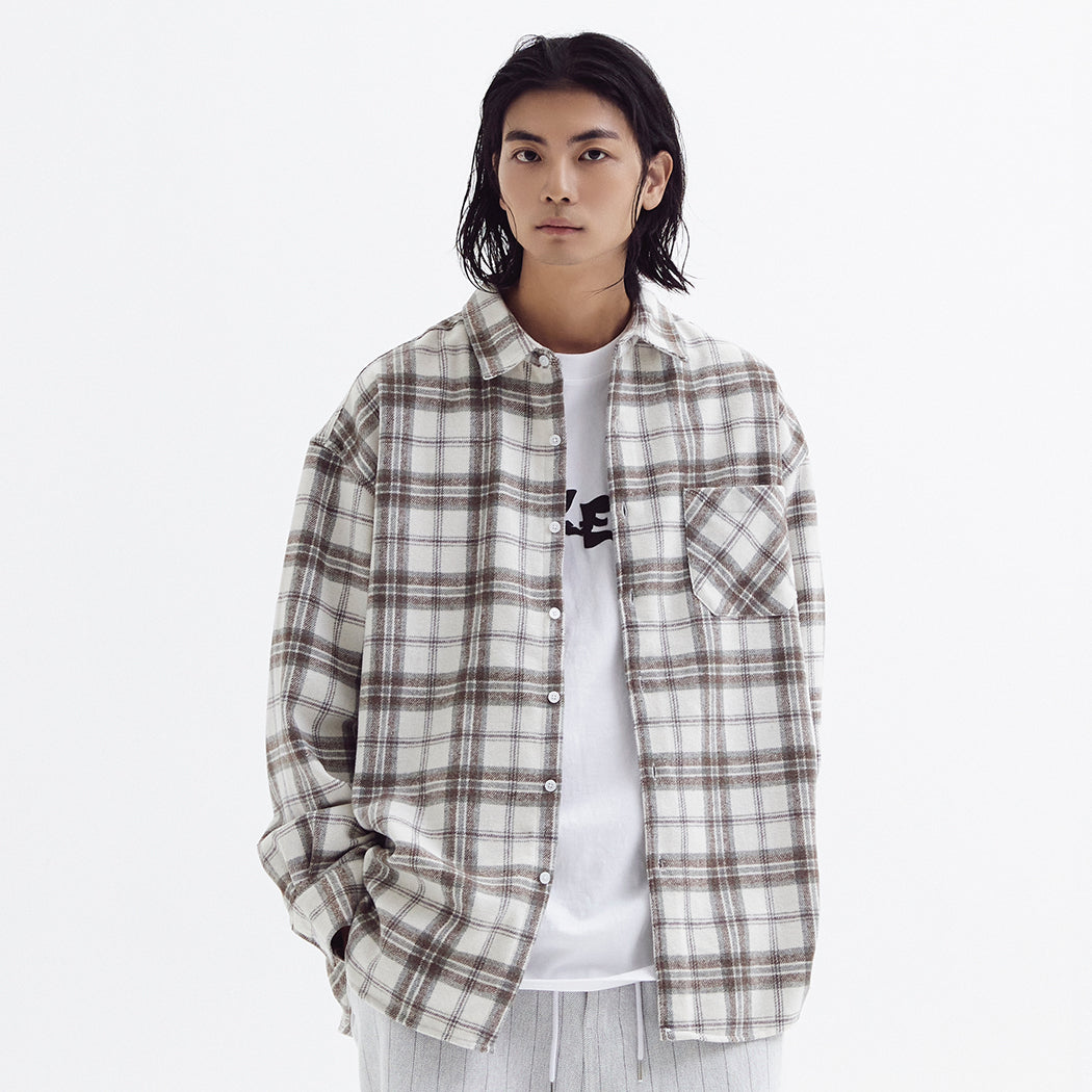 Loose wool check shirts Beige