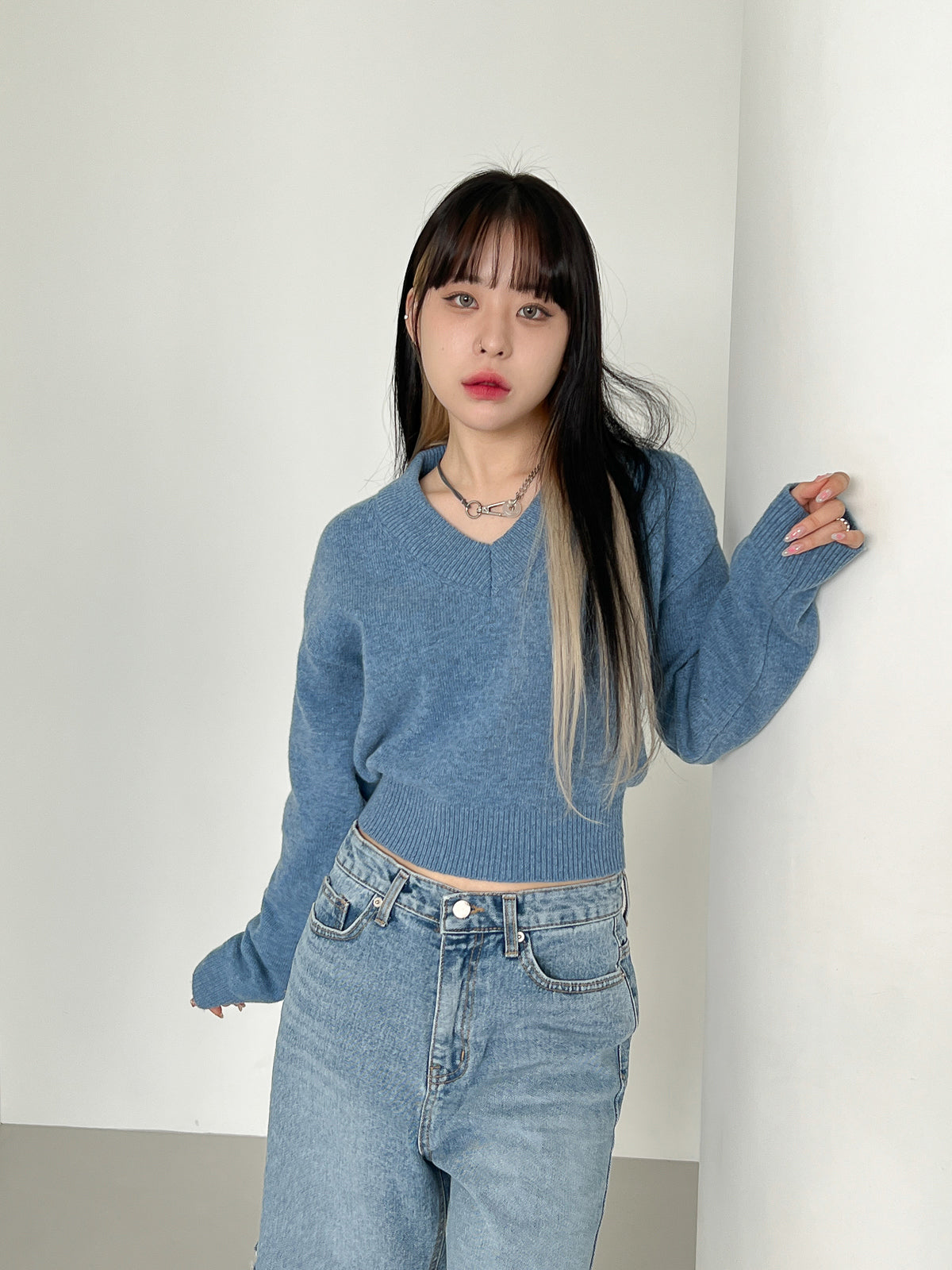 Wool V-neck Crop Knit (10color)