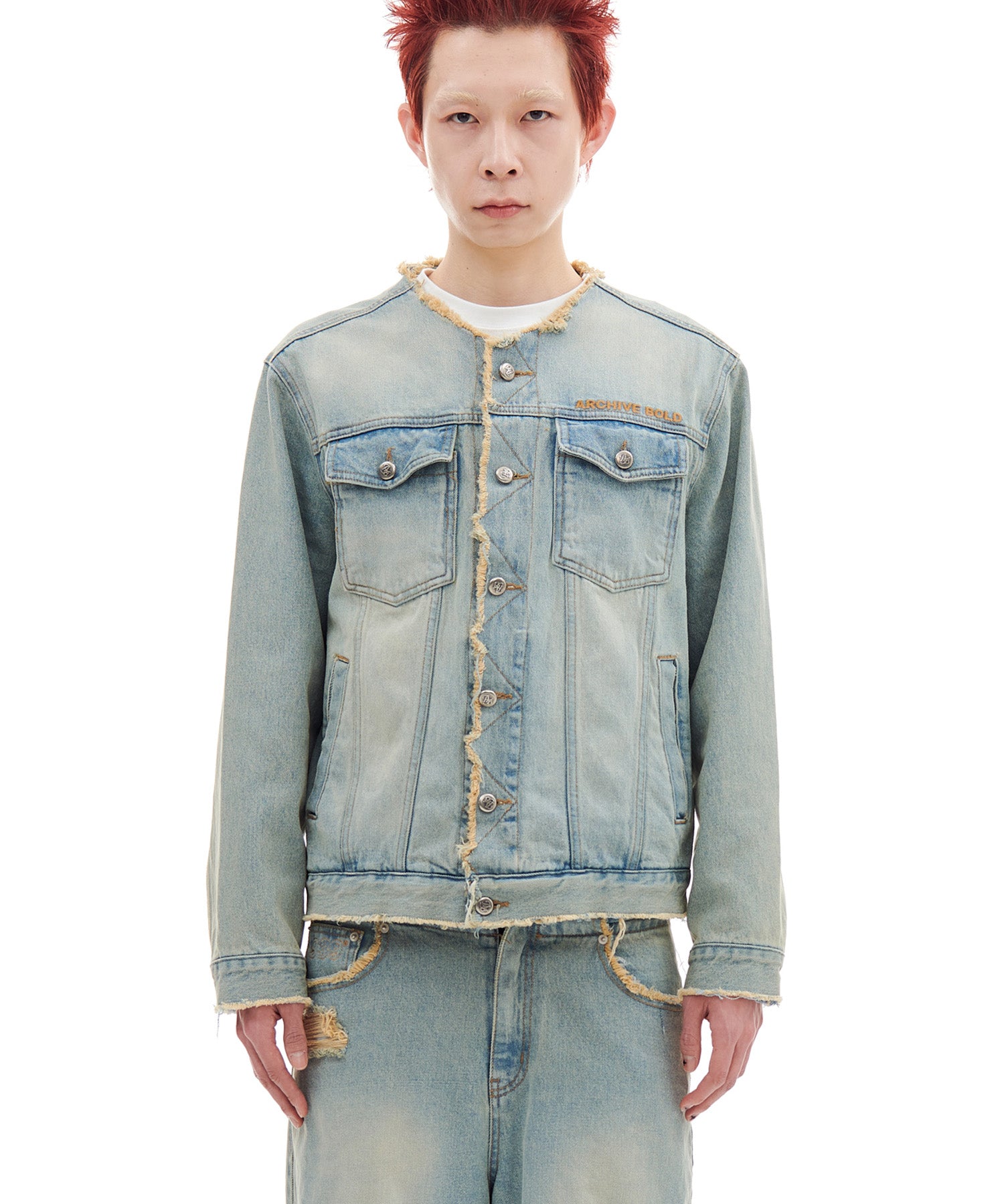 NON-COLLAR DENIM JACKET (LIGHT BLUE) | 60%