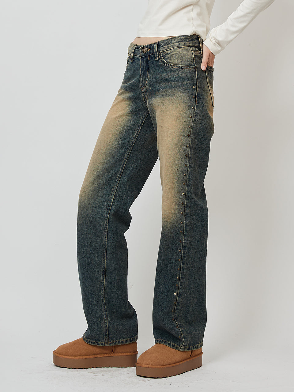 LOW-RISE STUD JEANS_BLUE