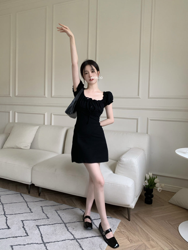 Black bustier mini shirring dress