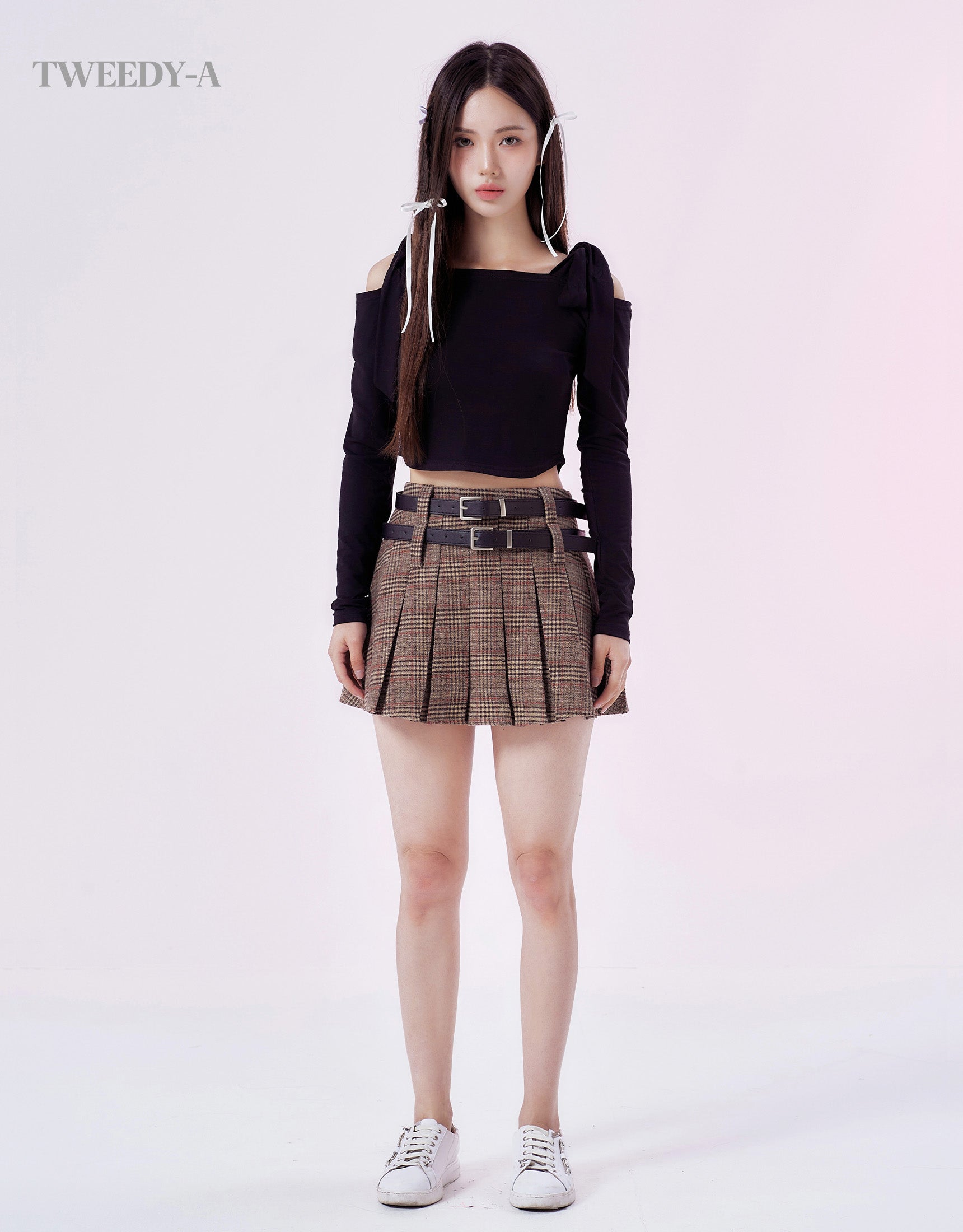 Tartan Check Dual Belted Pleated Mini Skirt Check Brown