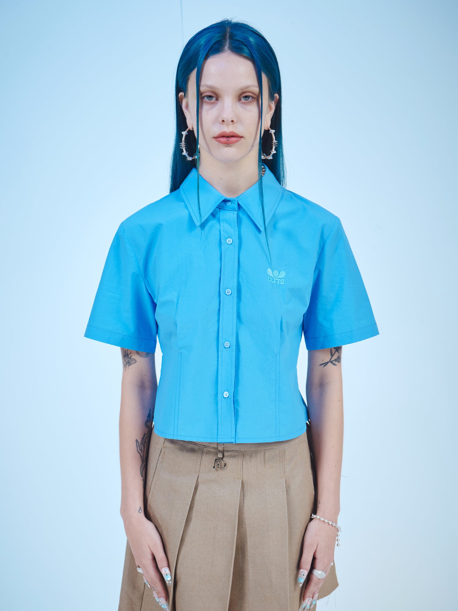 CROP SHORT-SLEEVES COTTON SHIRTS (SKY BLUE)