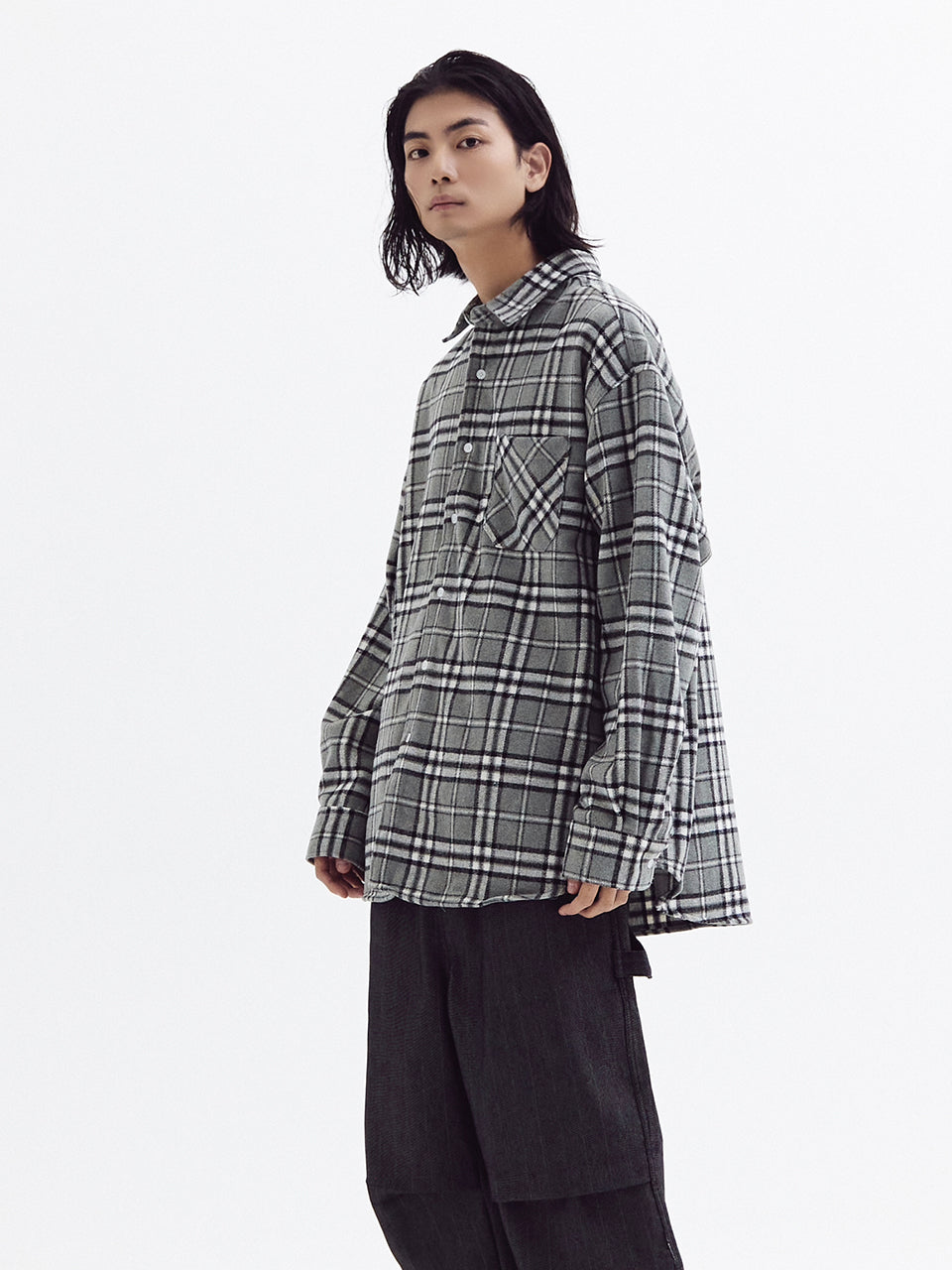 Loose wool check shirts Gray