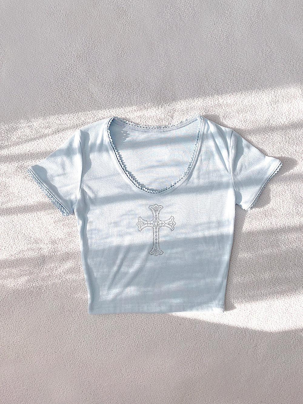 Sparkling Cubic Lace Crop T-Shirt (Sky Blue)