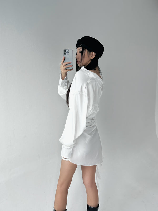 Silky shirring uncut shirt dress