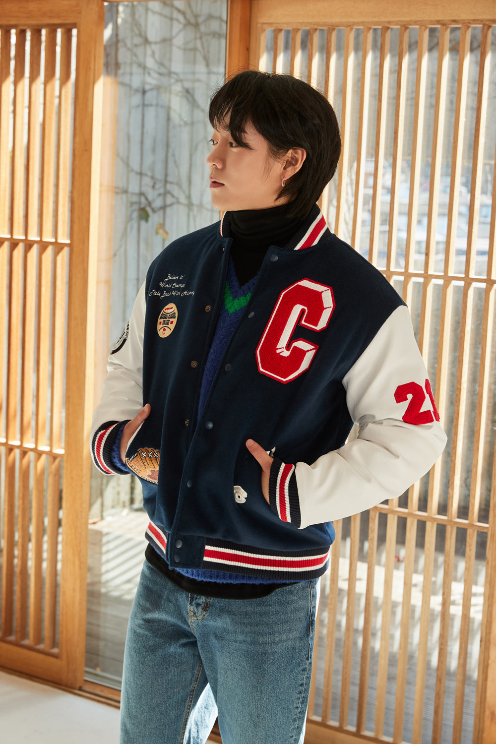 Grand Baseball Navy & White Unisex Varsity Jacket