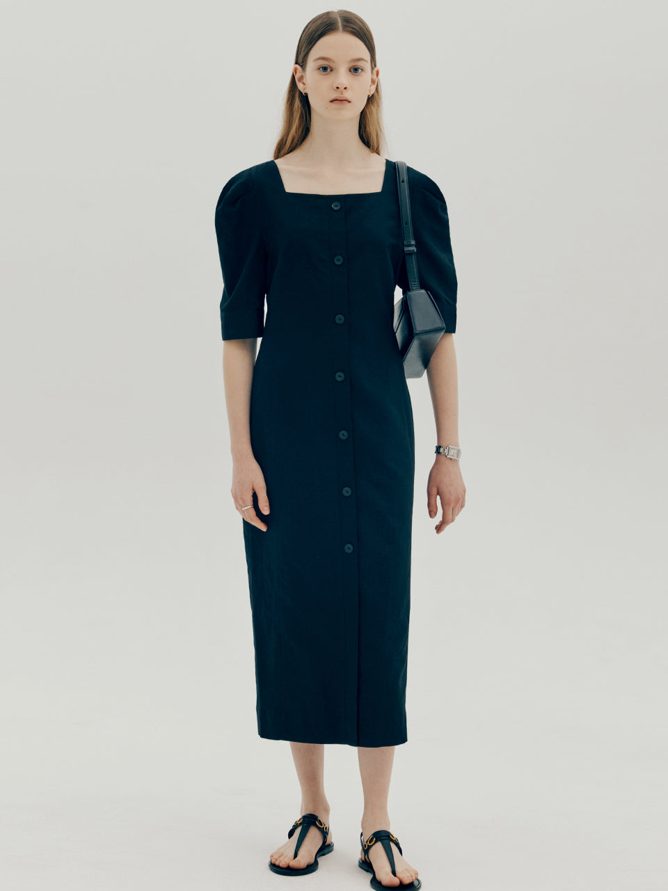 Linen square neck dress - Black