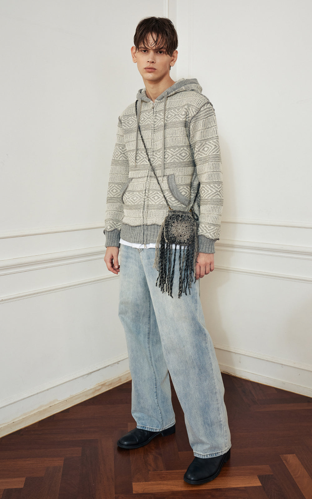 HANDMADE WOOL MIXTURE FRINGE MINI BAG_[GY