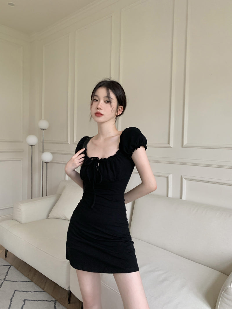 Black bustier mini shirring dress