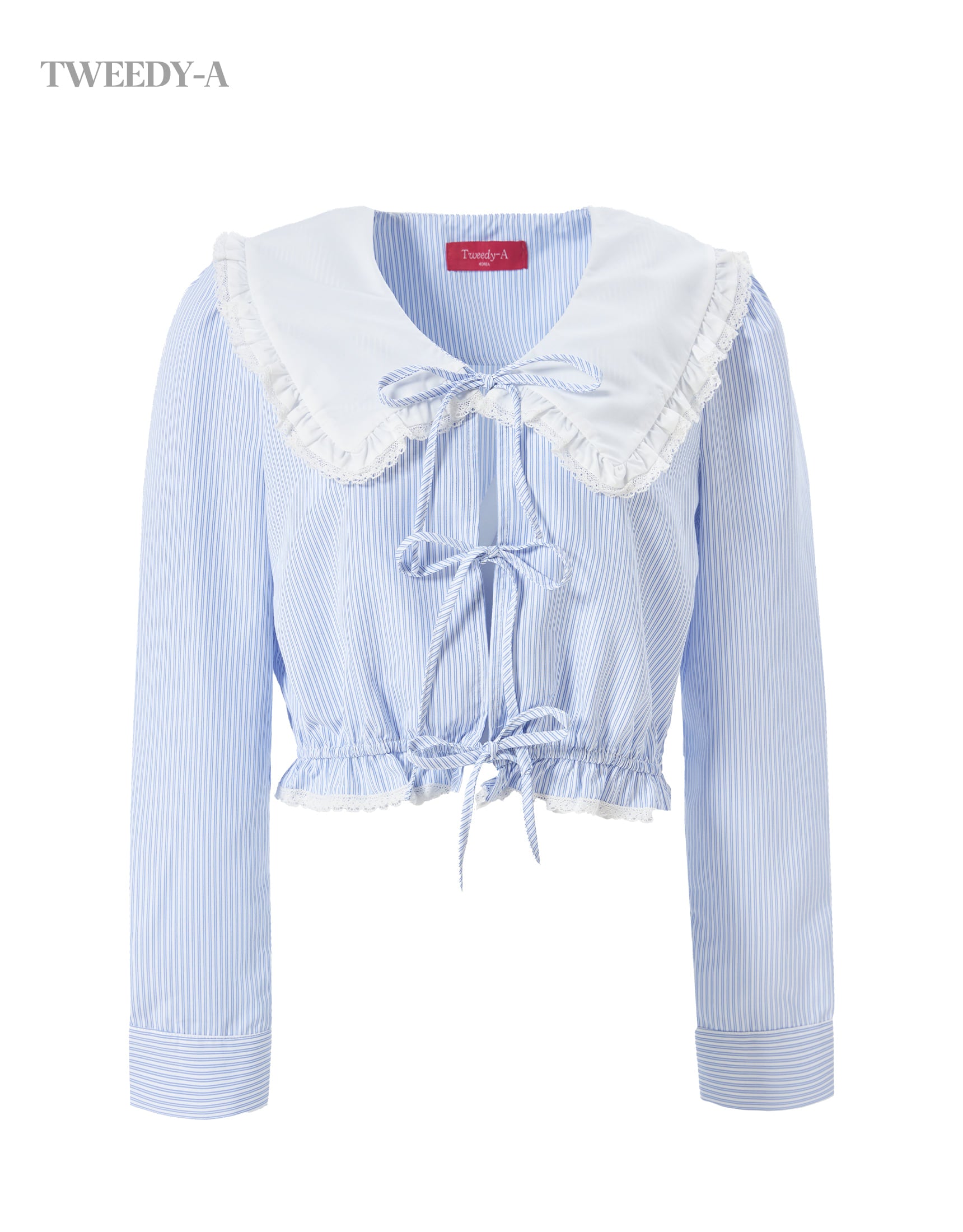 Triple ribbon point lace collar blouse