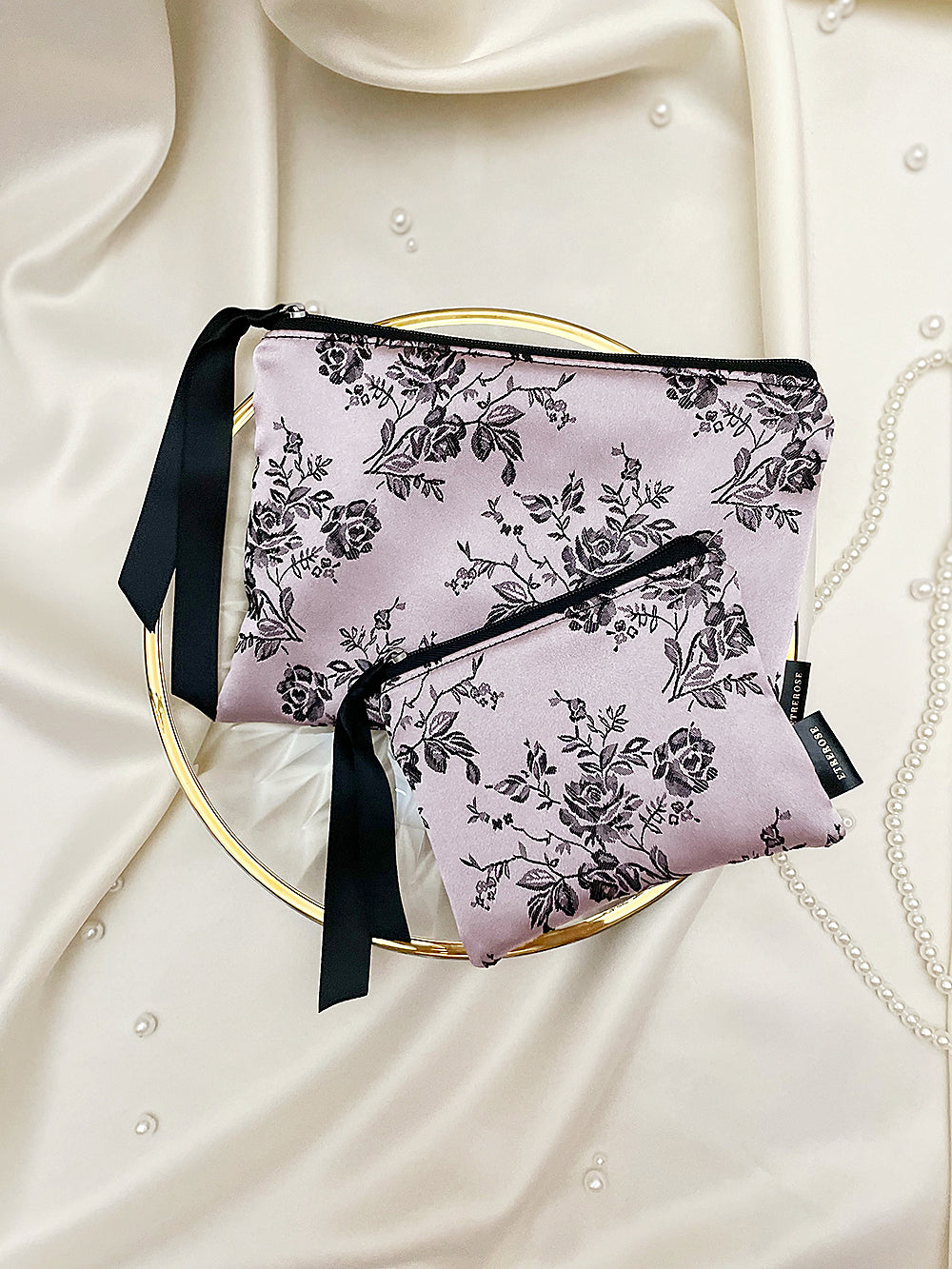 Rose Embroidery Satin Zip-pouch (SET/3color)