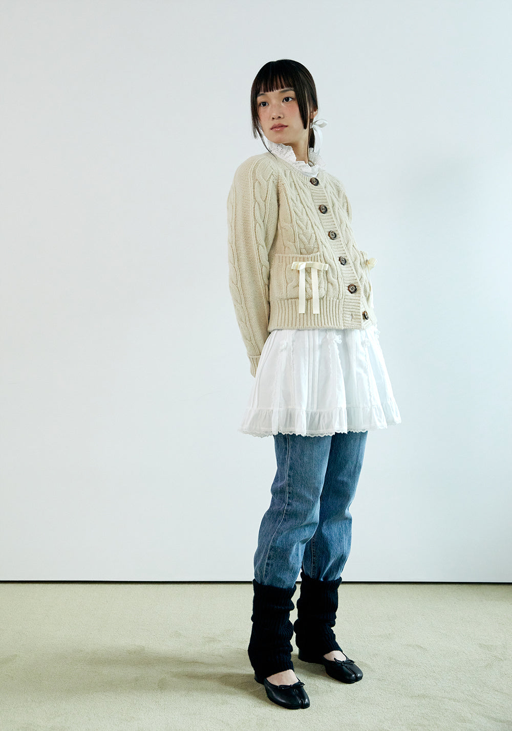 ribbon wool cable cardigan_ivory