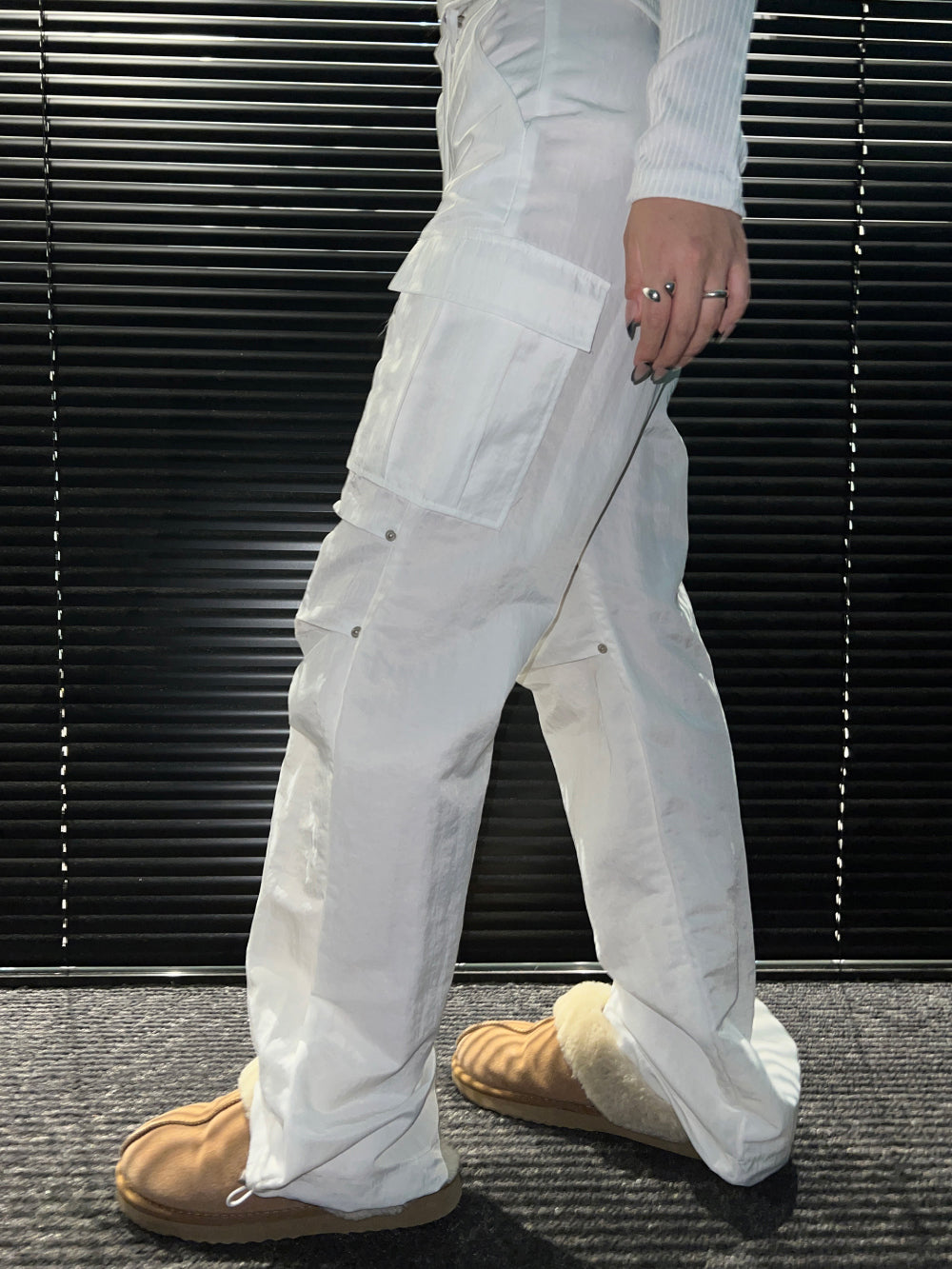 Nylon pin-tuck string cargo wide pants (3 Color)