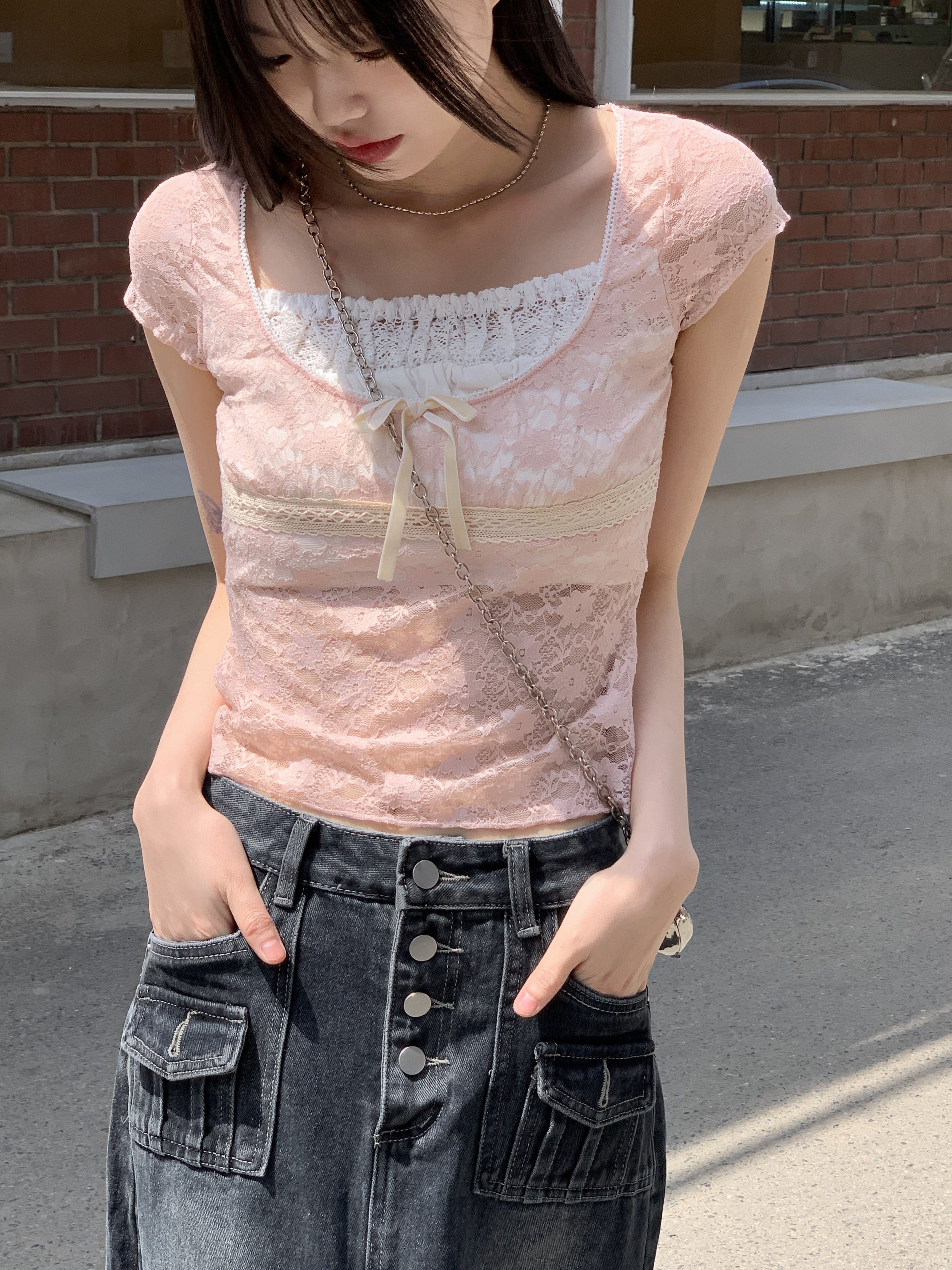 Liwan Pink See-through Lace Ribbon Square Short Sleeve T-shirt